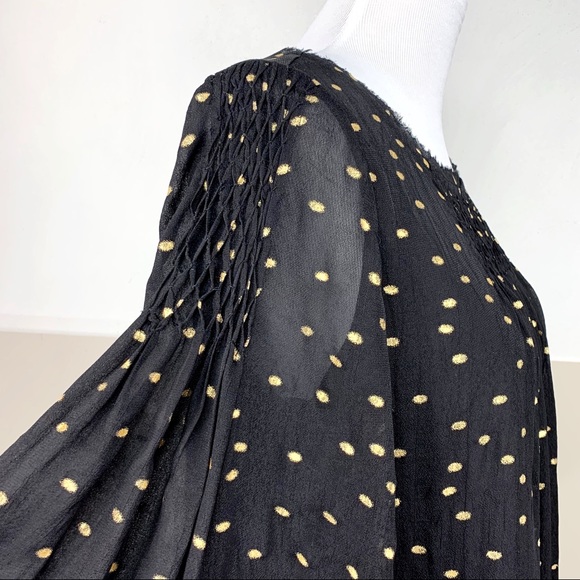 Anthropologie Floreat Everafter Black Gold Polka Dot Bell Sleeve Swing Blouse - Picture 11 of 14